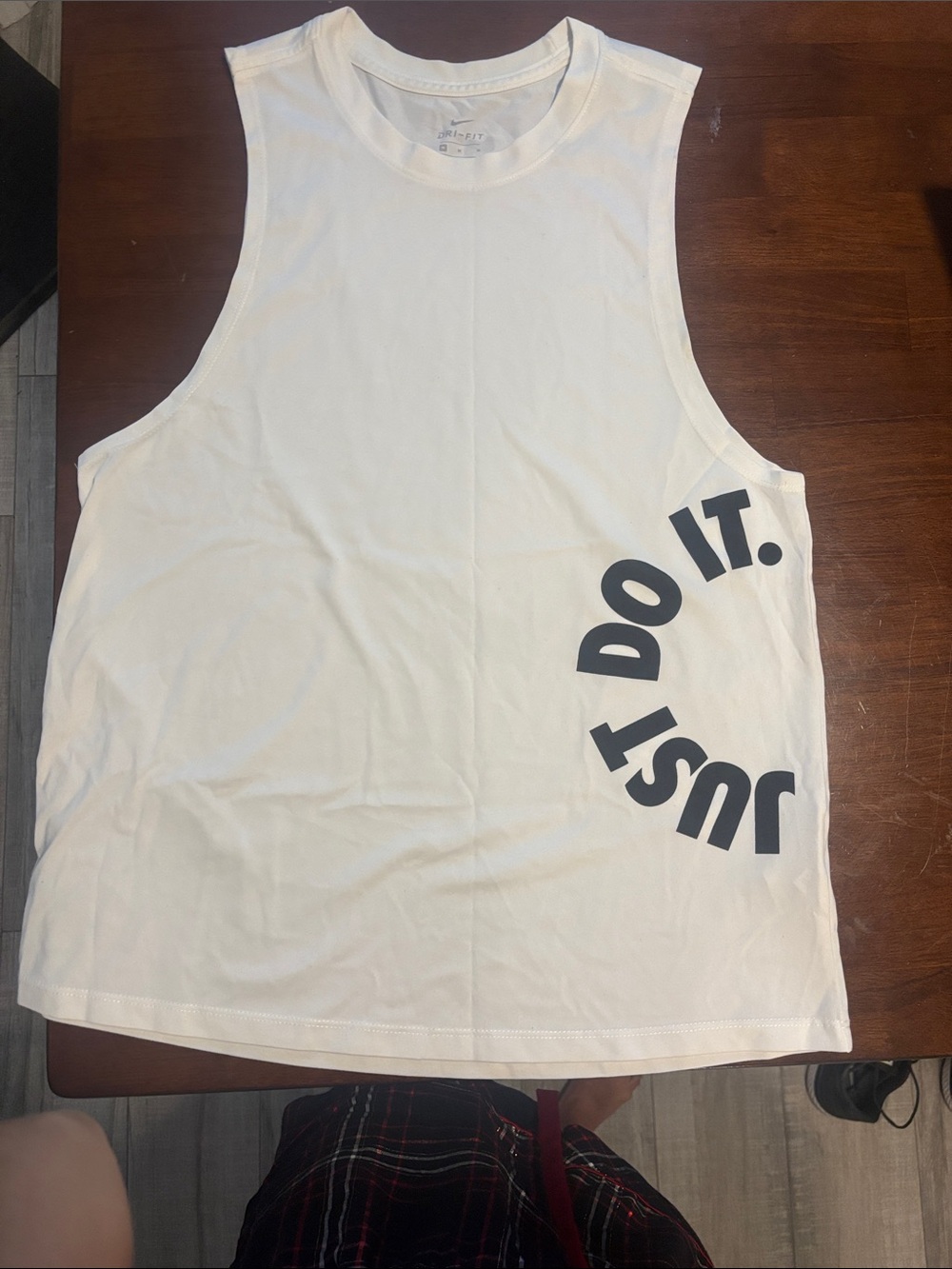 Nike White Tank Top with Navy "JUST DO IT." Side Graphic